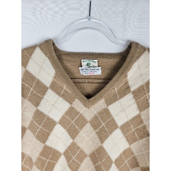 Thomson 100% Pure Lambswool Sweater Medium From Scotland Tan Argyle Grandpa - Picture 2 of 8